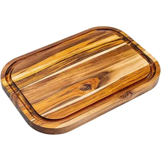 Erreke Schneidebrett Holz mit Auffangschale Natur-Teakholz 40cm Lang Dicke 2.4 cm Holzbrett Küche zum Servieren Käse und Brot Hackbretter 40x28x2.4 cm (Saftrille)