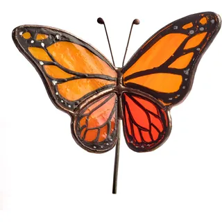 Avalglass Monarchfalter aus Buntglas, 10 cm, Handarbeit, Blumentopf-Deko zum Einhängen - Orange, Schwarz