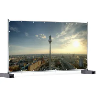 Wallario XXL Outdoor-Poster für Garten oder Balkon, Motiv Fernsehturm Berlin mit Panoramablick über die Stadt, in ca. 340 x 173 cm - Blau