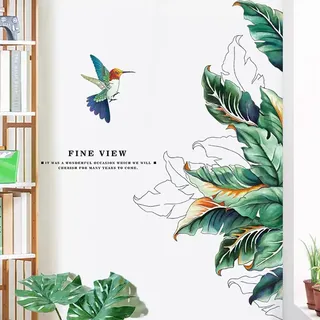 WandSticker4U®- [Vintage Style] Wandsticker PFLANZEN tropisch & KOLIBRI XXL (120×70 cm) I Wandtattoo Wohnzimmer modern Blätter grün groß Vogel I Wanddeko Schlafzimmer Erwachsene Badezimmer Küche Flur