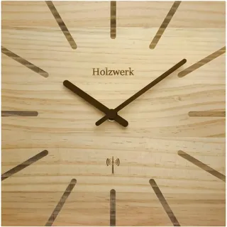 Holzwerk EBERSBERG (Funk) Natur Holz Funk Wanduhr Holz-Uhr Funkwanduhr Eckig Funkuhr Vintage laufleises Uhrwerk ohne Tickgeräusche Buche nahezu lautlos aus handgefertigtem Massivholz Natur 25 cm