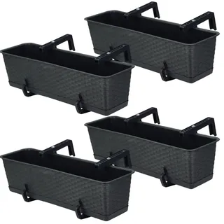 DIKEL Blumenkasten Balkon Set 4 X 59 cm x 17 cm | Pflanzkasten wetterfest mit Untersetzer und Halterung | Balkonkasten in Rattanoptik für die stilvolle Bepflanzung von Terrasse und Balkon | Anthrazit