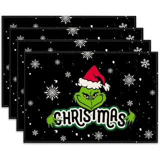 Ohok Weihnachten Tischsets Abwaschbar 4er Set, Polyester Leinen Platzdeckchen 30x45cm, Weihnachten Tischuntersetzer Platzsets für Küche Speisetisch Hotel Weihnachts Tischdeko (Schneeflocke Grinchmas)