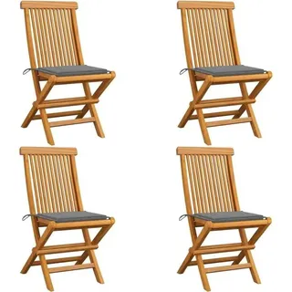 Gartenstühle aus massivem Teakholz mit grauen Kissen, 4er Set