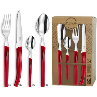 Lou Laguiole RISING SUN Besteck Set 6 Personen | 24-teilig | Rot glänzend | Essbesteck 6 Personen spülmaschinenfest | 18/0 Edelstahl mit Mikroverzahnung | 6x Messer, Gabel, Löffel & Kaffeelöffel