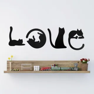 Wanddeko Metall Schwarz, 4 Stück Wandtattoo Katze Metallbilder Katzendeko Wohnzimmer Deko Wand Katzen Wandkunst Hängende Wandschmuck, LOVE Katze Herz Wanddekoration für Schlafzimmer, 60 * 15 CM