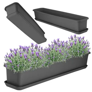 KADAX Blumenkasten 80 cm Anthrazit mit Untersetzer – Balkonkasten aus Kunststoff, Pflanzkasten für Innen- und Außenbereiche, Blumentopf für Balkon, Terrasse, Fensterbank