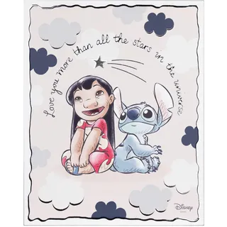 VALENTI & CO. - Disney Lilo und Stitch - Bedrucktes Holzbild 20 x 25 cm mit Details in Silber - Wanddekoration, Geschenkidee für Neugeborene oder Taufe für Kinderzimmer