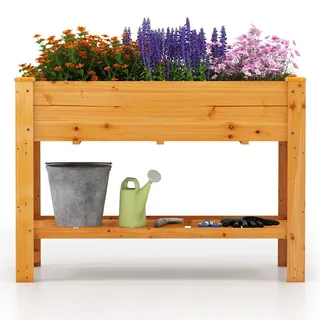 COSTWAY Hochbeet, Erhöhtes Gemüsebeet aus Holz, Pflanzkasten mit Ablage, Entwässerungslöchern, Kräuterbeet groß, 120x60x81cm, Braun - Braun
