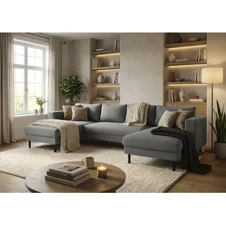 Wohnlandschaft TRENDMANUFAKTUR "Amazing II, wahlw. mit Schlaffunktion & Bettkasten, Fuß schwarz", anthrazit, B:305cm H:81cm T:161cm, Sofas, Wohnlandschaft, Sofa in U-Form, in Cord, Struktur LEO o. Struktur LINO, Breite 305 cm