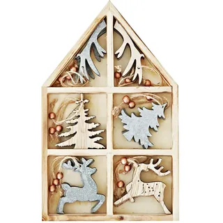 HEITMANN DECO Christbaum-Schmuck - Behang Set aus Holz - 18-teilig - Baumbehang in dekorativer Holz-Box - Weihnachtsdeko, 2 x 19 x 30 cm