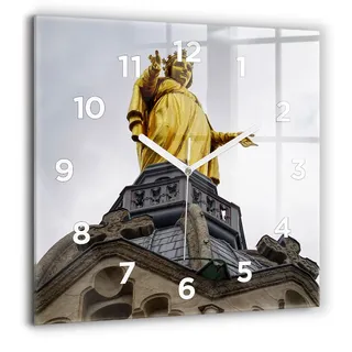 Wallfluent Große Wanduhr – Stilles Quarzuhrwerk - Uhr Dekoration Wohnzimmer Schlafzimmer Küche - Zifferblatt - weiße Zeiger - 60 cm - Statue der Muttergottes in Lyon - Gold