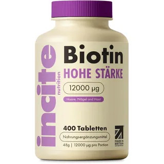 Incite Nutrition Biotin-Haarwachstumsergänzungsmittel 12.000 mcg – Tabletten (Ganzjahresvorrat plus Vorrat), hergestellt im Vereinigten Königreich, für Herren und Damen, 400 Stück (1er-Pack)
