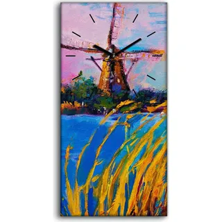 Leinwand Uhr Küche Wohnzimmer Bild 30x60 Windmühlen Wasser Landschafts Natur - schwarze Hände - Grün