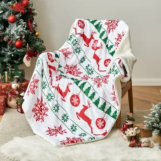 MIULEE Kuscheldecke Weihnachts Sherpa Decke Warme Lammdecke Wohndecke Davidshirsch Weihnachtsbaum Schneeflocken Muster Sofadecke Dicke Couchdecke Überwürfe für Sofa Bett 150x200 cm Rot und Grün