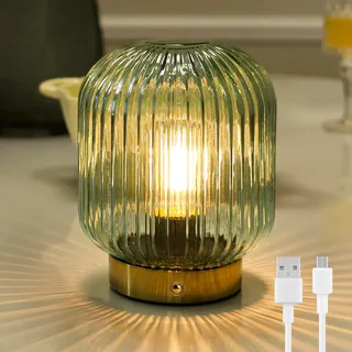 MJ PREMIER Tischlampen Kabellos Aufladbar, grüne Glas Nachttischlampe | Dekorative Tischleuchte Touch Dimmung Glas Leuchte mit Helligkeitsspeicher, Notlicht für Schlafzimmer Wohnzimmer als Geschenk