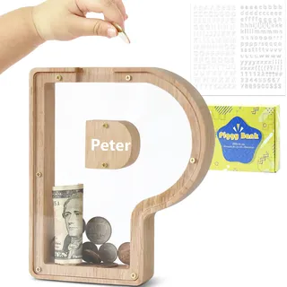 DBPBToU Spardose Kinder, Sparschwein Kinder, Buchstaben Spardose Holz, Spardose Personalisiert für Geburtstag Geschenk/Heimdekoration/Keepsake (P)