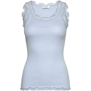 Spitzentop ROSEMUNDE "Babette Silk Top", Damen, Gr. L, hellblau, Feinstrick, Obermaterial: 70% Seide, 30% Baumwolle, körpernah hüftbedeckend, Rundhals, Tops Spitzentop, Vintage-Spitzenbesatz, mit Rundhalsausschnitt, hoher Seidenanteil