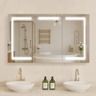 Vevor beleuchteter Medizinschrank mit Spiegel (100 x 60 cm), 3-farbig dimmbarer mit Spiegel aus gehärtetem Glas, Memory-Funktion/2 verstellbare Regale/Steckdosen und USBs