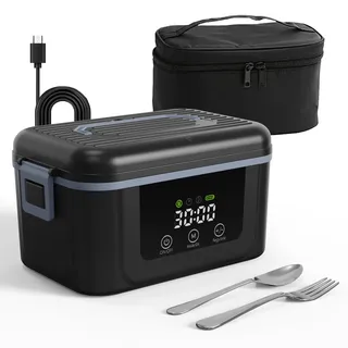 LANMOU Elektrische Lunchbox mit Akku, Thermo Lunchbox für Essen Heiß, 1.5L Edelstahl Lunch Box Self-Heating mit 18,000mAh Batterie, USB Aufladbar, Timer, für Büro, Baustelle, Camping, Auto
