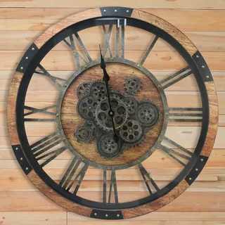 DORBOKER 68CM Große Vintage Wanduhr mit Beweglichen Zahnrädern, Retro Holz-Metallskelett, Gehärtete HD-Glasabdeckung, XXL Antike Steampunk Industriell Wanduhr für Büro Wohnzimmer Bar (Braun)