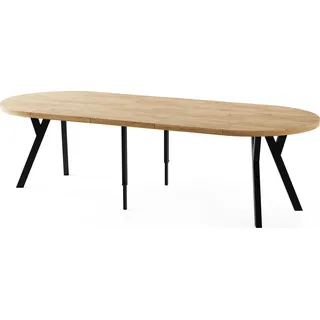 Esstisch Rund Groß XXL Ausziehbar im Loft-Stil – 100 bis 250 cm – Extra Lang Ausziehtisch mit Schwarzen Holzbeinen, Industrieller Tisch für 5-14 Personen – Esszimmertisch – Eiche Hell Braun