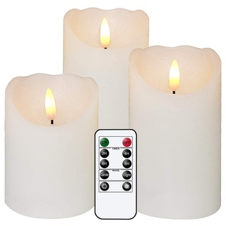 Eldnacele Flammenlose flackernde Kerzen mit Fernbedienung, 3D-Docht, echtes Wachs, batteriebetriebene weiße Stumpenkerzen mit Timer, Set von 3 Stück, für Zuhause, Hochzeit, Weihnachten