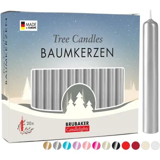 BRUBAKER 20er Pack Baumkerzen Wachs - Weihnachtskerzen Pyramidenkerzen Christbaumkerzen - Silber