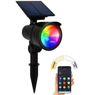 Lunartec Solar Gartenlampe: Smarter Solar-LED-Spot mit RGB-CCT, 50 lm, 1 W, Bluetooth, App, IP44 (Solarlampe Erdspiess, Erdspiess-aussen-Strahler, iPad)