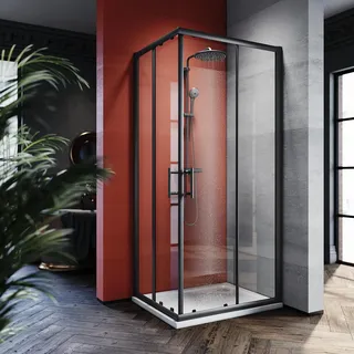 SONNI 80x90cm Schwarz Eckeinstieg Duschkabine ohne duschtasse, Sicherheitsglas Schiebetür Eckdusche Duschabtrennung