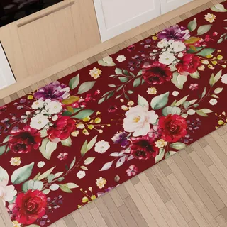 PETTI Artigiani Italiani - Küchenteppich, Läufer für Küche, rutschfest und waschbar, 52 x 240 cm, Blumenmuster 07, Bordeaux, 100% Made in Italy