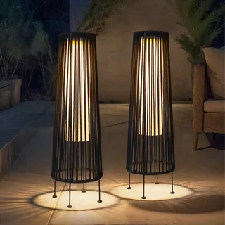 TRIROCKS Außenstehlampe, 2-Teilige Solarbetriebene Laterne, Geflochtene Solar-Terrassenlampe mit Olifen-Seil, Wasserdichtes Rattan-Solar-Decklicht für Terrasse, Garten, Rasen, Hof (Schwarz)