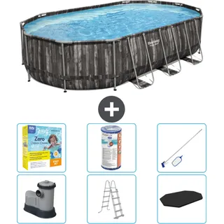 Bestway Oval Power Steel Swimmingpool – 610 x 366 x 122 – Grau – inklusive Pumpe – Leiter – Abdeckung Wartungspaket - Filter - Reinigungskit