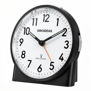 SINOIDEAS Funkwecker Analog mit Nachtlicht & Schlummerfunktion(Schwarz) | großes leserliches Zifferblatt, für Nachttisch & Büro. Funkautomatik, präzise, lautlos ohne Ticken.