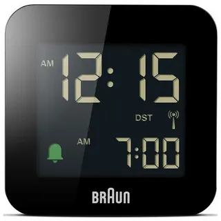 Braun Digitaler Reisewecker Mitteleuropäische Zeitzone (MEZ) mit Schlummerfunktion, kompakte Größe, Negatives LC-Display, Crescendo-Alarm in Schwarz, Modell BC08B-DCF.