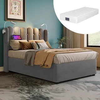 okwish gepolstertes Einzelbett 90x200 mit Stauraum, Leselampe mit Ladefunktion, Samt-Jugendbett 90x200, grau (mit Matratze und Lattenrost) - Grau