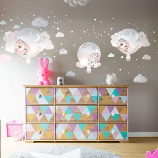 Wandsticker Kinder Riesen - Dekoration Babyzimmer Kinder Aufkleber Jungen Mädchen XXL Wandaufkleber Heißluftballon Sterne Schmetterlinge H90 x 120 cm