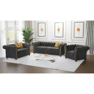 s-style möbel Vibe - Chesterfield Polstergarnitur mit Schlaffunktion 3+2+1 aus Anthrazit Vintage Optik Microfaser mit Holzfüßen, B/T/H: 3er - 203 cm/ 86 cm / 72 cm - Schwarz