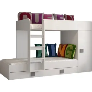 Etagenbett für Kinder Toledo 2 Stockbett mit Treppe und Bettkasten (Weiß + Weiß Glanz + graue Griffe) - Weiß