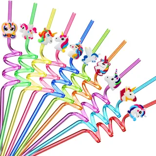 JANYUN Wiederverwendbar Strohhalme, 10 Stück Einhorn Kinder Strohhalme Plastik Strohhalme Einhorn Party Trinkhalme Bunte Strohhalme für Geburtstagsfeier Dekorationen Partybedarf