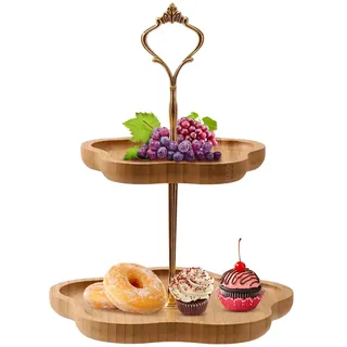 Zasjon Etagere 2 Etagen Tortenständer Cupcake Ständer 2-stufige Etagere Holz Kuchenplatte Kuchenständer mit Metallgriff für Geburtstag Nachmittagstee Party Hochzeit, Ø 14,4cm, 19.2 cm x H 25 cm