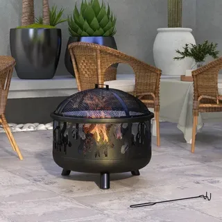 Feuerkorb BBQ mit Grillrost und Funkenschutz | Farbe: Schwarz | Abmessungen: 61,5 x 61,5 x 52 cm