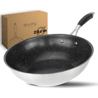 DIVORY Edelstahl Wokpfanne 28 cm ULTIME I Antihaft beschichtete, Wok Induktion, für alle Herdarten I I Pfanne groß für Induktionskochfeld, Gasbrenner