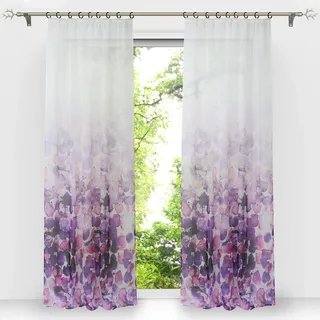HongYa 1 Stück Voile Farbverlauf Gardine Transparenter Vorhang mit Kräuselband Blumen Druck H/B 175/140 cm