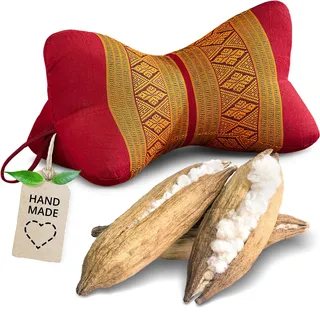 livasia Nackenstützkissen Knochenkissen - Ø 15x32cm - Nackenkissen Knochenform, Sofakissen, Lesekissen mit Kapok, Kissen für Garten und Balkon, Reisekissen handgefertigt (Rot/Gelb)