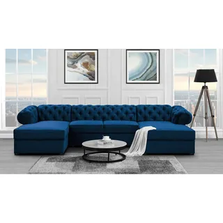 CHESTER U – U-Form Ecksofa im Chesterfield Stil, Stoff Kronos 09 Marineblau, mit Schlaffunktion & Bettkasten, Materialknöpfe - Blau, Marine