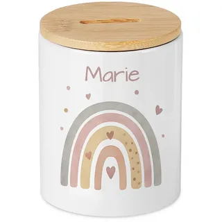 Personalisierte Spardose Mädchen mit Wunschname Regenbogen Motiv, Sparschwein für Kinder, Patenkind, Taufgeschenk Baby