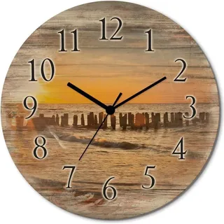 ARTland Holz Wanduhr Funkuhr - schwarzer Zeiger Schöner Sonnenuntergang am Strand Größe: 30x30 cm - Orange
