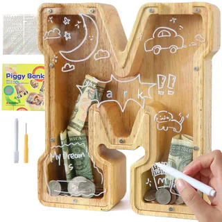 Lakpopya Personalisierte Durchsichtige Kinder-Spardose mit Buchstaben A-Z, Zielbereich & Aufkleber & Marker - Taufe & Geschenk Dekoration (M)