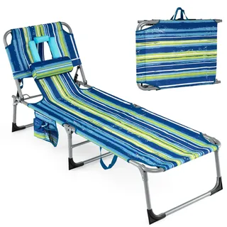 FANTASK Sonnenstuhl, Seitentasche, klappbare Sonnenliege mit Verstellbarer Rückenlehne & Fußteil, Sonnenliege mit Gesichts-/Armlöchern, Gartenliege für Strand, Garten (Blau gestreift)